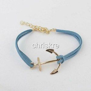 Suede Nautical Anchor Bracelet Island Ship Boat Leather Adjustable Gold Blue